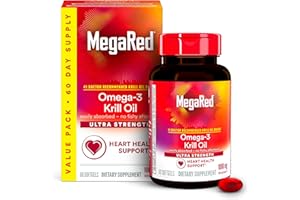 MegaRed Ultra Strength 1000mg Omega-3 Krill Oil Supplement with EPA/DHA, Astaxanthin & Phospholipids, No Fish Oil Aftertaste Supports Heart, Brain, Joint and Eye Health, 60 Count Softgels.