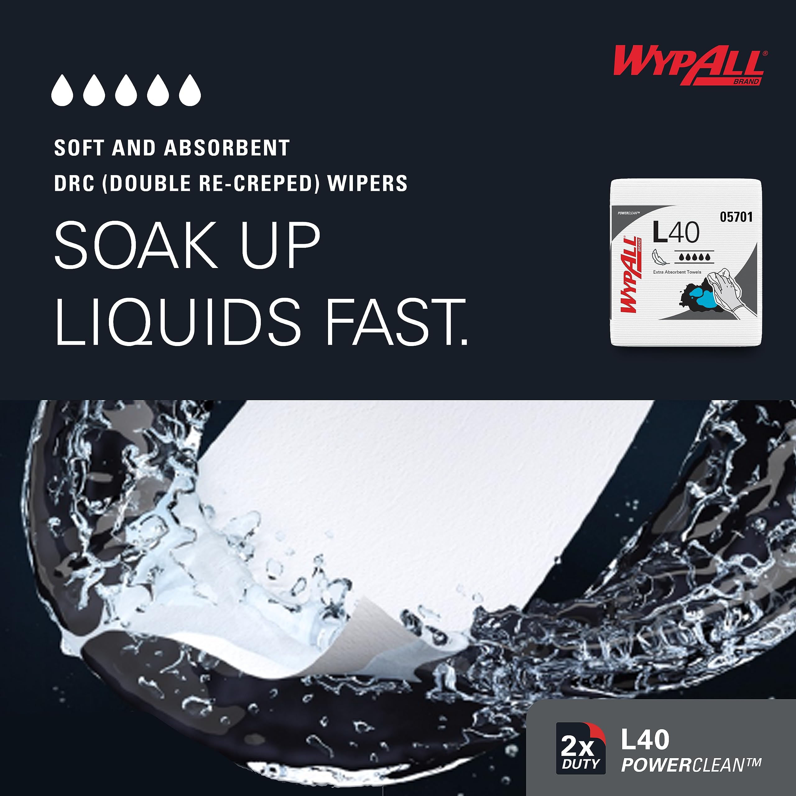 Wypall PowerClean L40 Cloths Extra Absorbent Wipes (05701), Quarterfold, Bulk Paper Wipers, White (18 Packs of 56 Sheets, 1,008 Sheet Total)