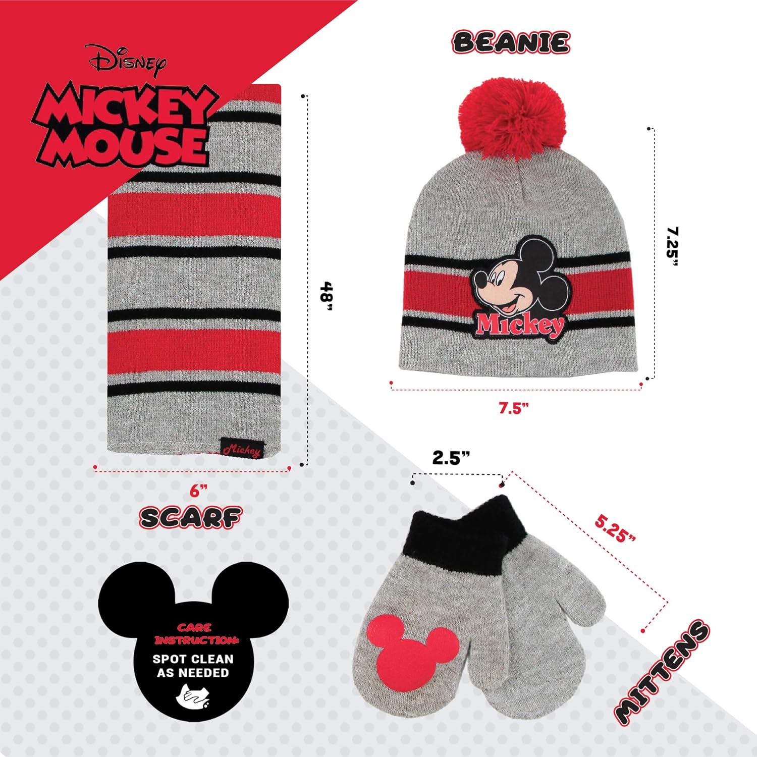 Mickey Mouse boys Scarf, and Mitten Set Cold Weather Hat, Grey/Red, 2-4T US: Clothing