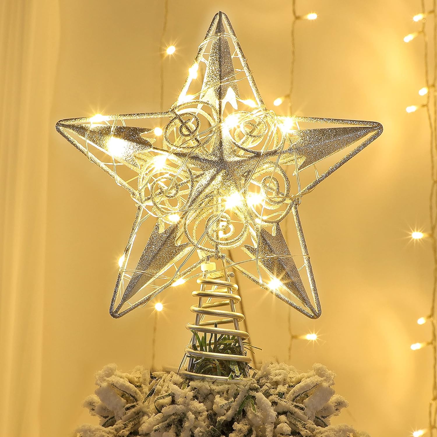 Tree Toppers - Juegoal Star Tree Topper with 20 LED Lights, Silver Lighted Treetop Christmas Tree Decoration, 9 Inches (H)