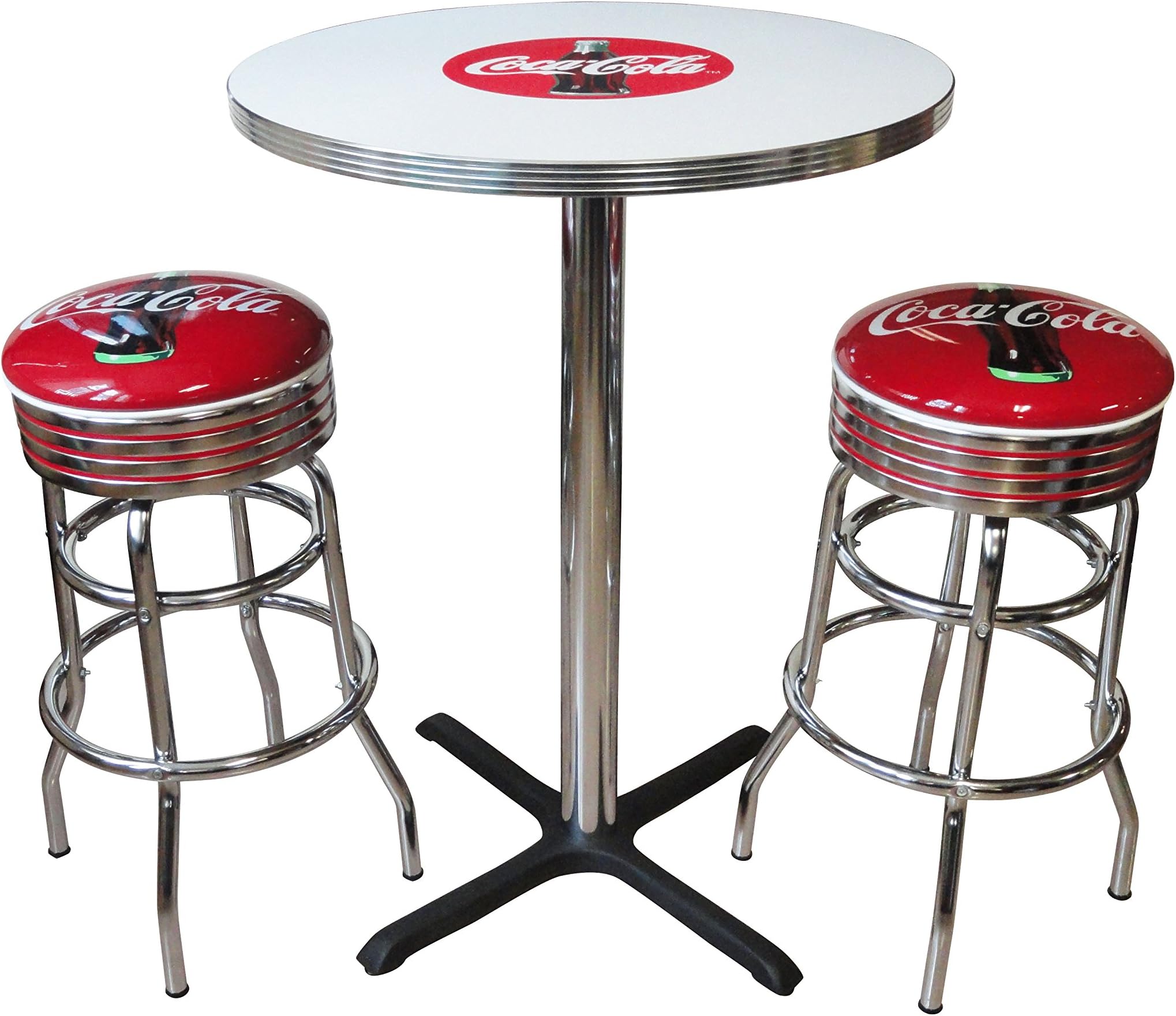 Vitro Seating Products CCTS Coca-Cola Dinette Furniture Set with 30" Pub Table and 2 Bullseye Stool Set, Red and White (Pack of 3)