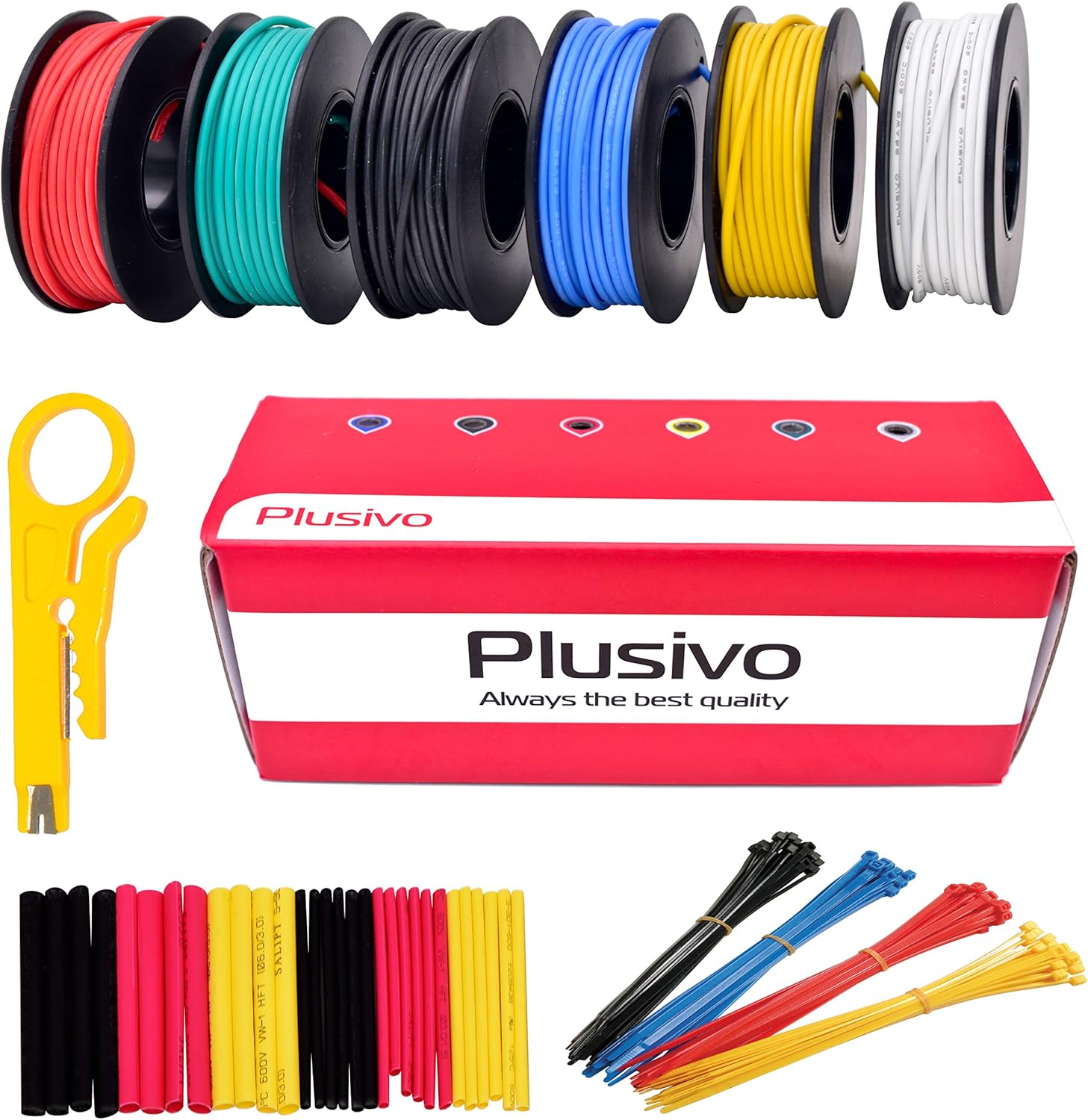 22AWG Silicone Hook Up Wire - 22 Gauge Stranded Tinned Copper Wire with Silicone Insulation, 6 Colors (Black, Red, Yellow, Green, Blue, White) 23ft / 7m Each, Hook Up Wire Kit from Plusivo: Industrial & Scientific
