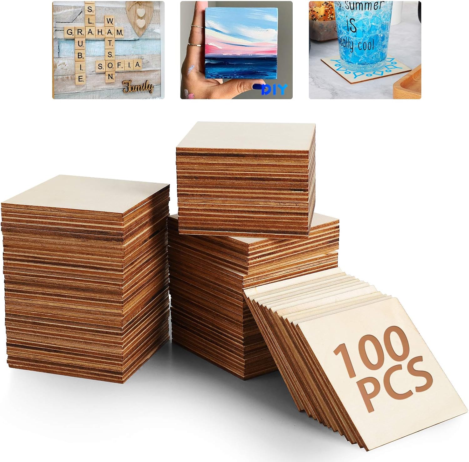 Unfinished Wood Board - 100Pcs 3 x 3in Blank Natural Slices Wood Square for DIY Crafts Painting, Scrable Tiles, Coasters, Pyrography, Decorations