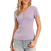 Allegra K Henley Shirts for Women's Short Sleeve V Neck Button Summer Tops t Shirts Ribbed Knit Top
