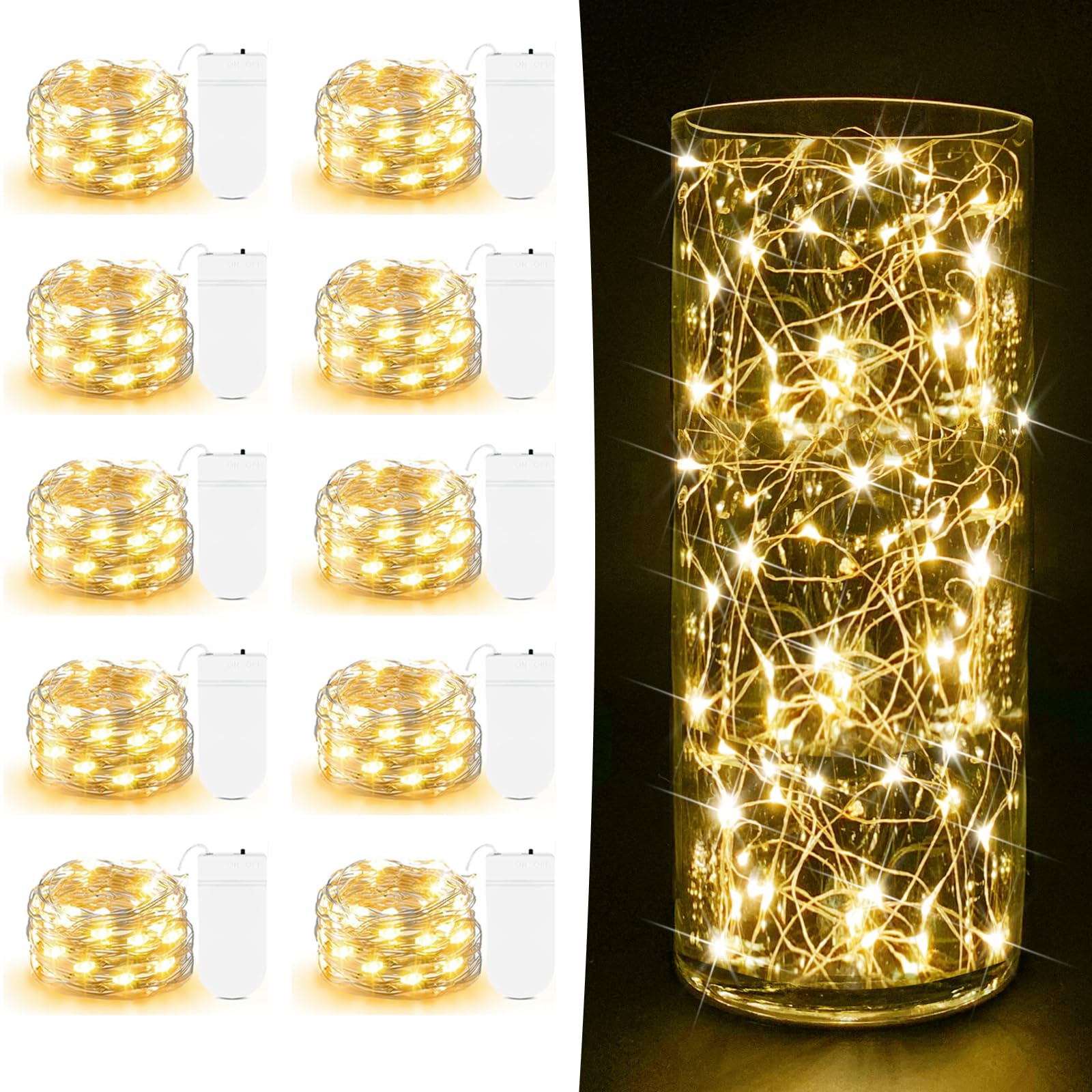Photo 1 of 10 Pack Fairy Lights Battery Operated - 7ft 20 LED Twinkle Lights Copper Wire Mini String Lights Firefly Lights for Mason Jars DIY Crafts Christmas Wedding Party Centerpiece Table Decor, Warm White