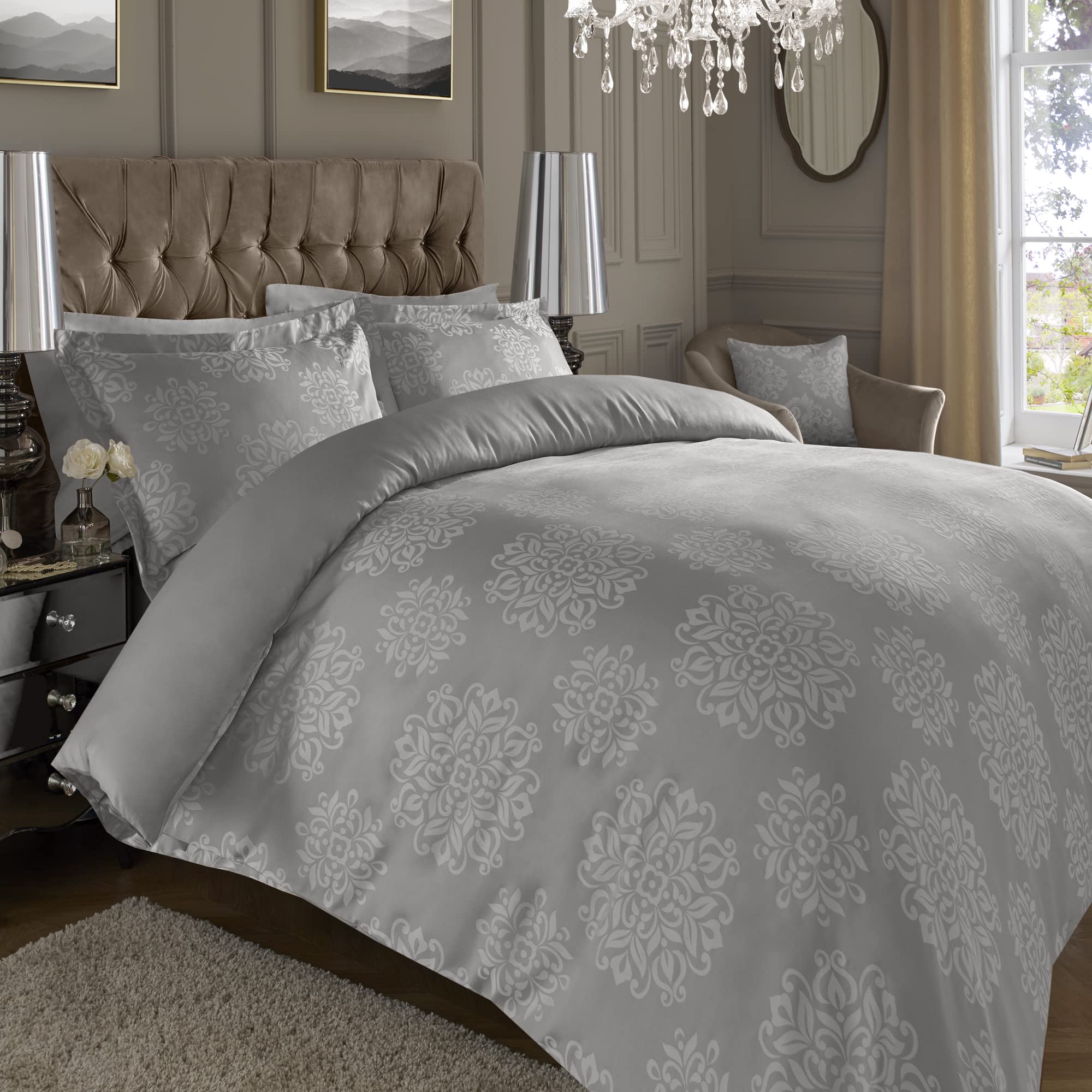 ED Luxury 600 Thread Count Jacquard Duvet Cover 3 Piece Set | Super Soft Cotton Rich & Warm Bedding | Damask Pattern Quilt Cover (Double, Silver Ornamental) — image 1