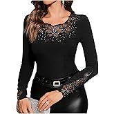 Verdusa Women's Sparkly Tops Formal Floral Lace Long Sleeve T Shirts Rhinestone Fitted Knit Tops