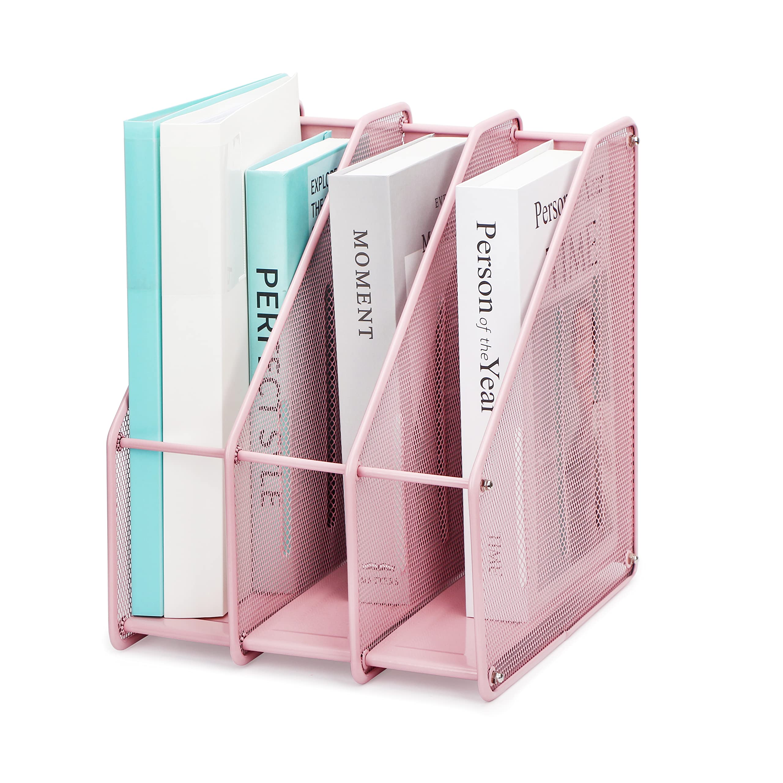 EXERZ Magazine Holder Triple Rack, Mesh Metal - 3 Compartments Vertical - Documents/ Notebooks/ Folder/ Organiser (Light Pink)
