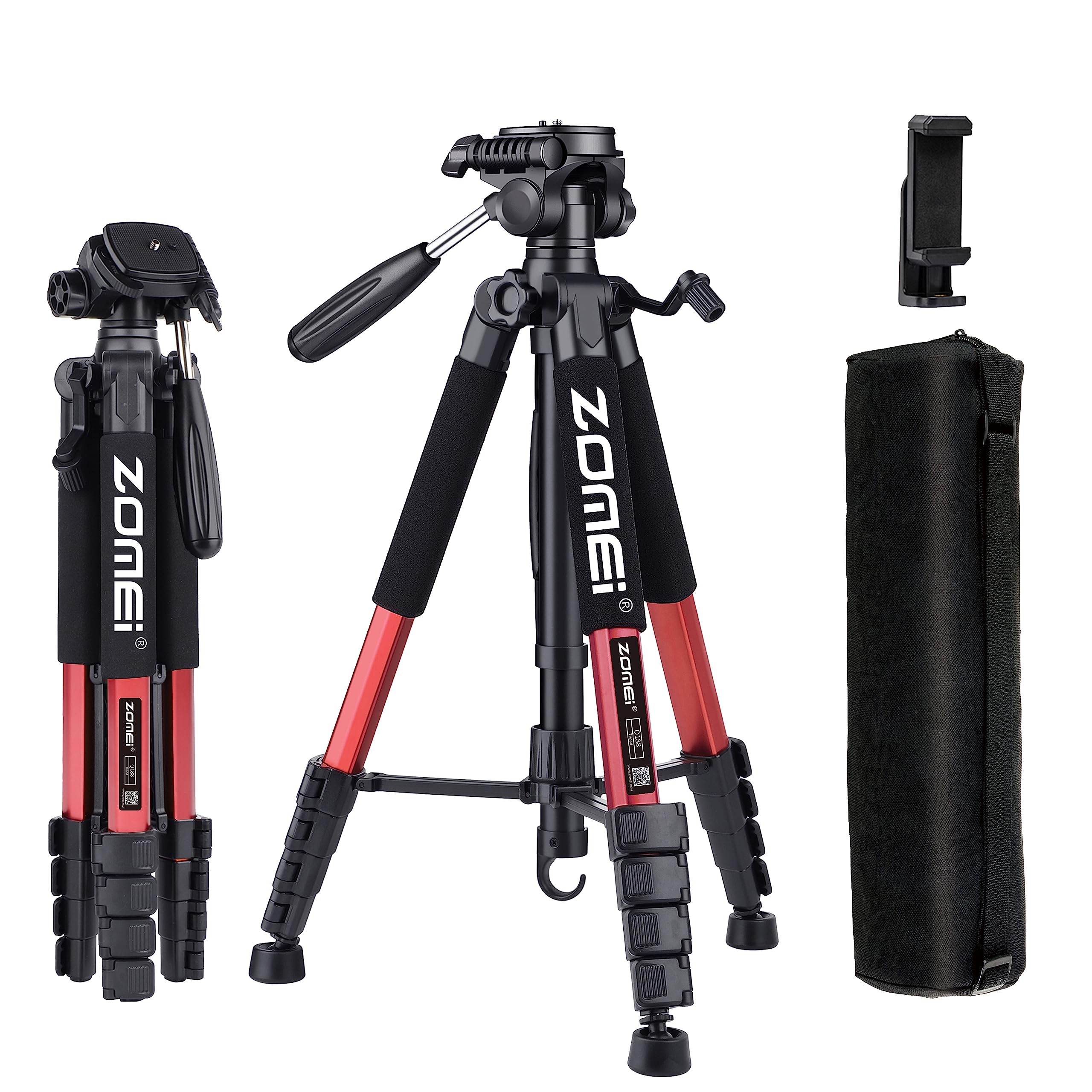 ZOMEi 188 cm Tripod Heavy Duty Tall Tripod Stand, Professional Travel Video Tripod Compatible with DSLR Cameras, Mobile Phones, Projector, Binoculars, Spotting Scope (Red)