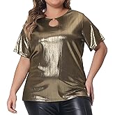 Agnes Orinda Plus Size Metallic Top for Women Keyhole Round Neck Short Sleeve t Shirt Party Blouses Tee Top