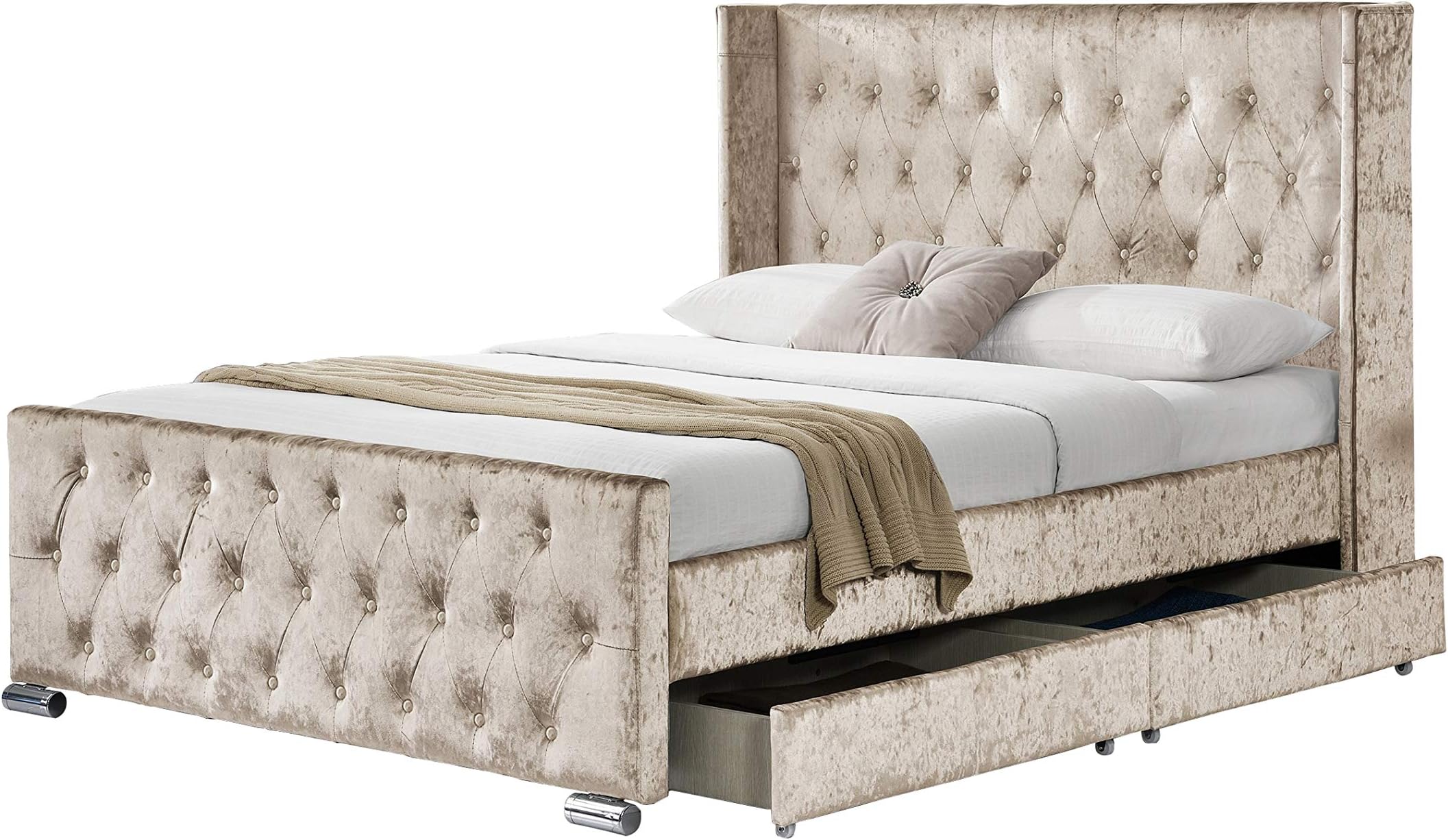 Limitless Home Elizabeth 4 Drawer Wingback Upholstered Fabric Chesterfield Crushed Velvet Silver Champagne Gold Storage Bed Frame 4ft6 Double 5ft King (5ft King, Champagne Gold)