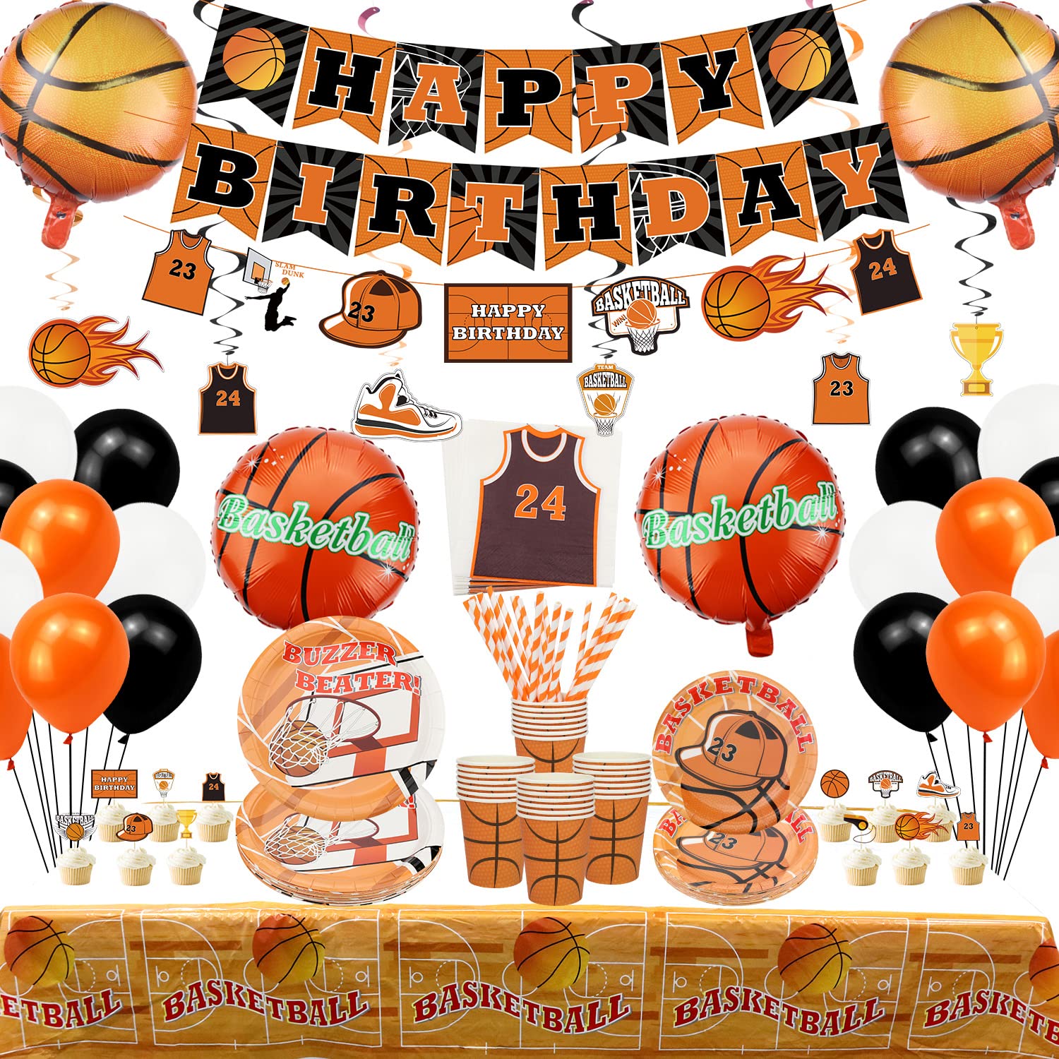 Hegbolke Basketball Party Decoration - Basketball Birthday Party Supplies Including Paper Plates, Paper Cups, Napkins, Hanging Swirls, Banners, and Balloons - Reusable Serves 20