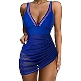 SUUKSESS Women Mesh One Piece Swim Dress Swimsuit Tummy Control Bathing Suit