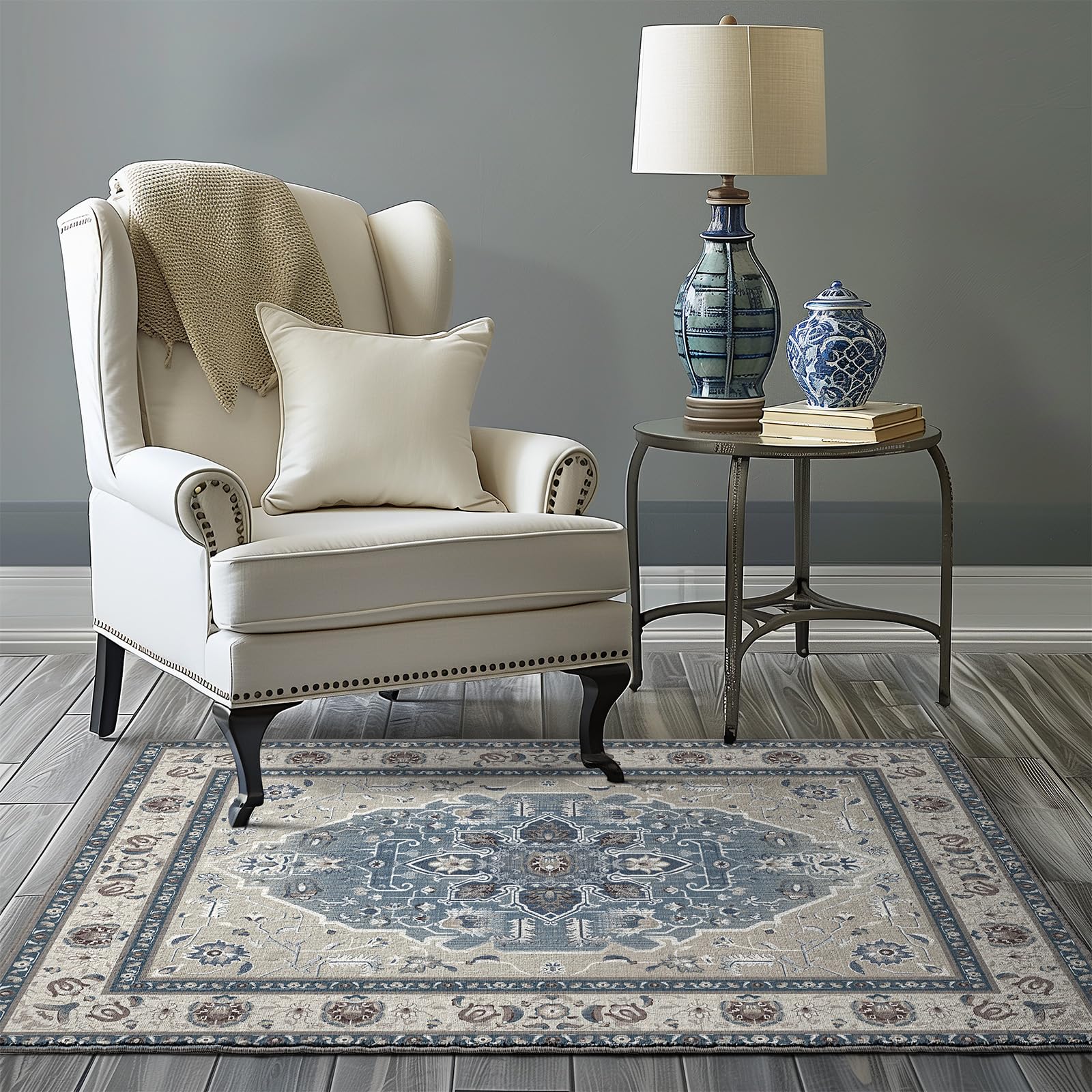 Photo 1 of EVERGRACE Faux Wool Area Rugs 3'x 5' Boho Medallion Rugs for Living Room Indoor Outdoor Rugs for Bedroom Dining Room Entryway Kitchen Low Pile Washable Floor Mat Carpet, Steel Gray