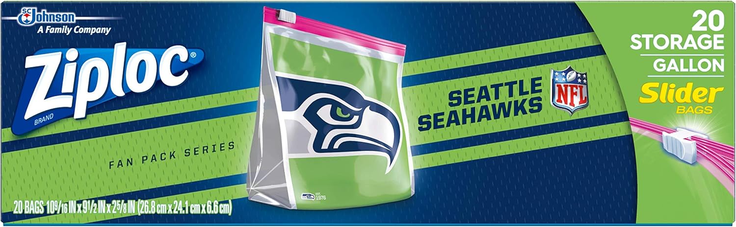 Ziploc Slider Storage Gallon Bag, Great for Grab-and-go Snacking, Tailgating or homegating, 20 Count- NFL Seattle Seahawks
