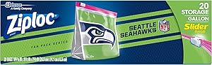 Ziploc Slider Storage Gallon Bag, Great for Grab-and-go Snacking, Tailgating or homegating, 20 Count- NFL Seattle Seahawks