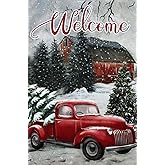 Texupday Welcome Red Truck Snowing Winter Christmas Tree Decoration Vertical Winter Garden Flag Holiday Farmhouse Party Outdoor Yard Banner 12" x 18"