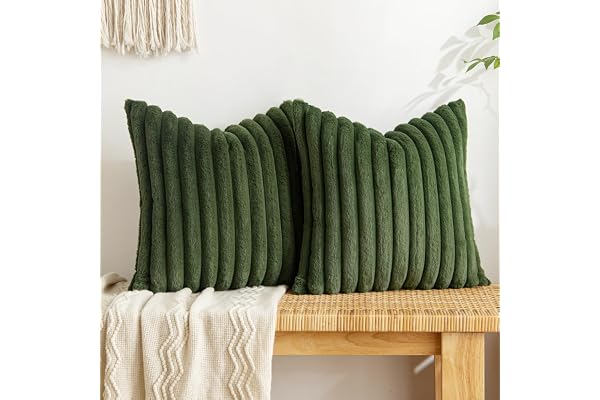 MIULEE Olive Green Throw Pillow Covers Fuzzy Striped Set of 2 18x18 Inch | Couch Decor Soft Pillowcase with Velvet Back Faux