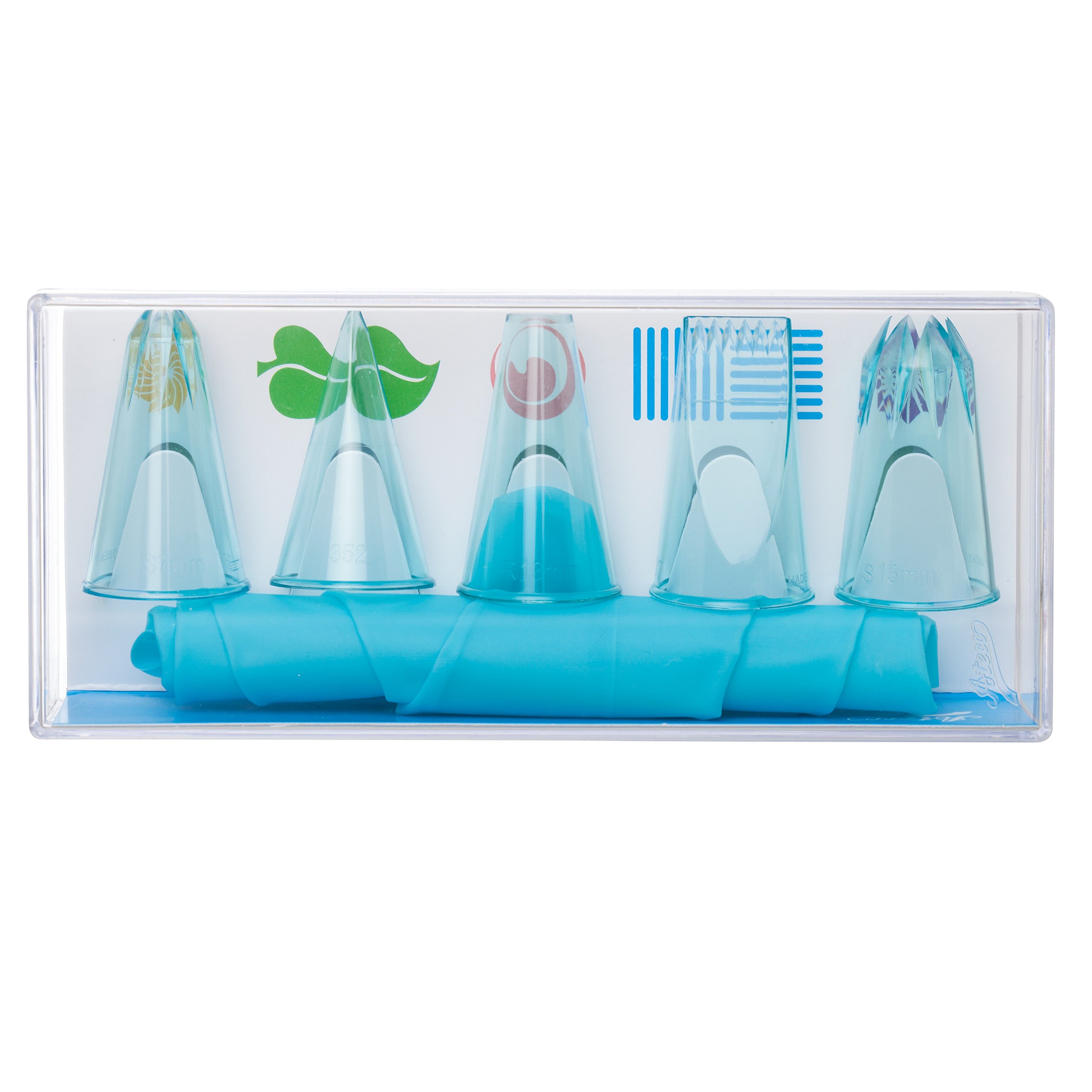 Ateco 784 6 Piece Cake Set, 5 Thermoplastic Tubes and 1 Reusable Superflex Silicone Decorating Bag, Plastic, Blue