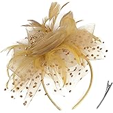 KalluliCC Fascinator Hat for Women, Gold-flower-yumao Tea Party Headband with Hair Clip, Vintage Elegant Special Occasions Fascinator, Black Feather Costume Headband, One Size for Women