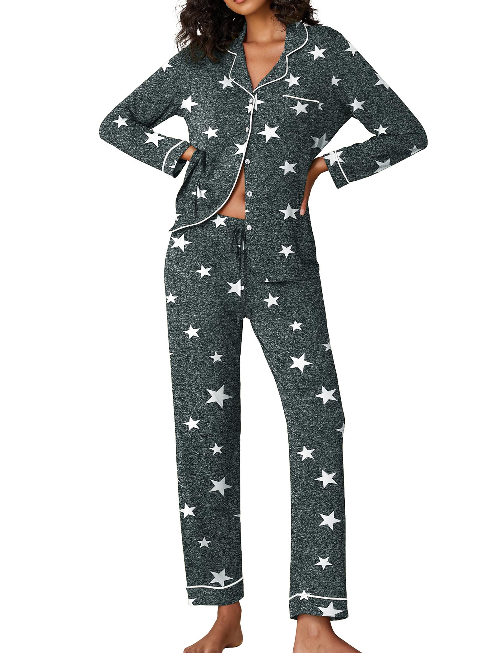 Ekouaer Women's Pajama Set Button Down Top & Pants Set Soft Cotton Sleepwear Casual Loose Sleep Sets,Small,Dark Grey White Stars Image Ekouaer Women's Pajama Set Button Down Top & Pants Set Soft Cotton Sleepwear Casual Loose Sleep Sets,Small,Dark Grey White Stars Image