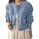 Omoone Women's Denim Jacket Long Sleeve Crop Button Down Collarless Jean Jacket Coat with Pockets