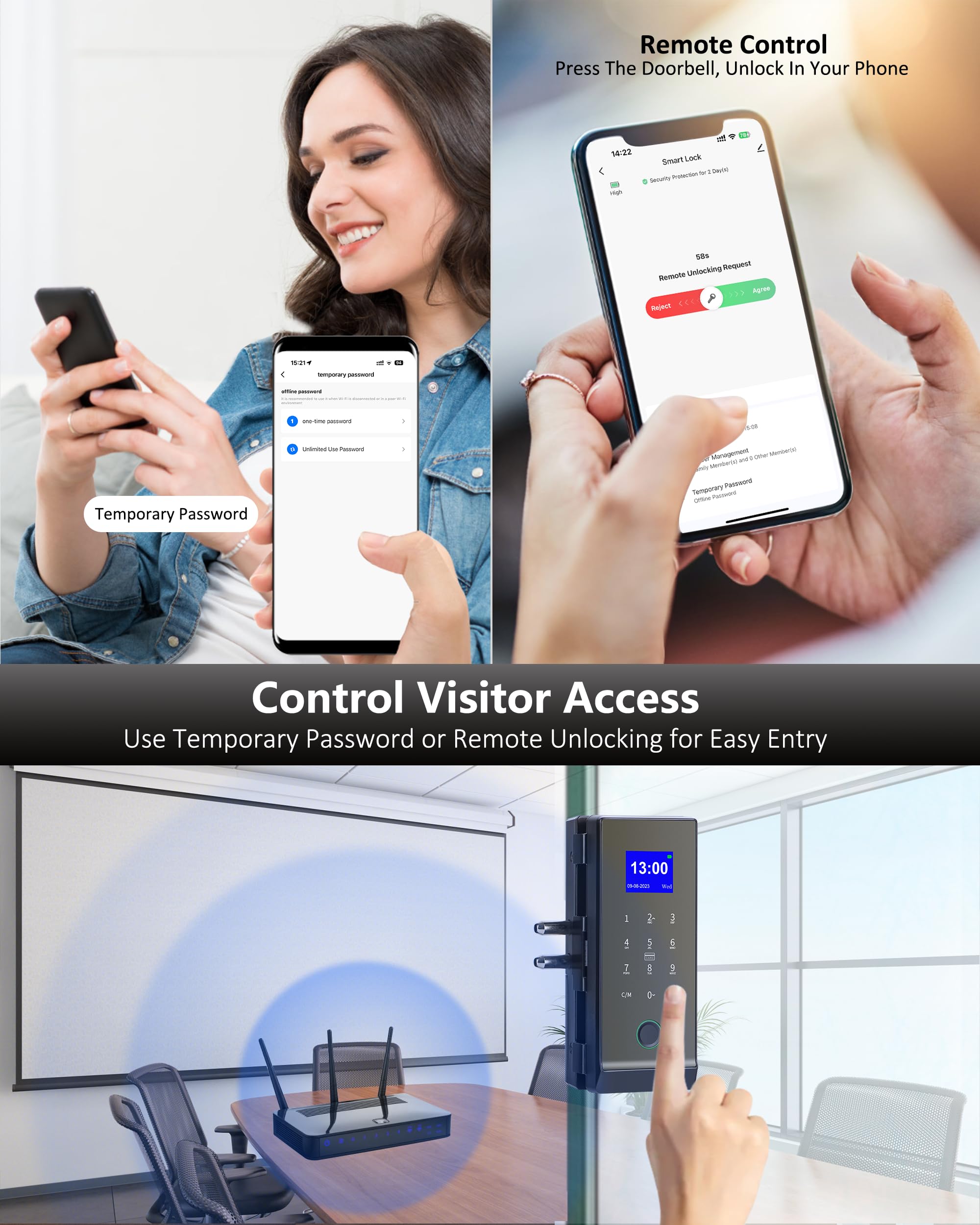 Perfiware Smart Glass Door Lock,Fingerprint Keyboard Remote Pin LG2315 with App Glass Door Locks,Drill-Free Door Lock Security,Great for Office,Home,Hotel,Apartment,Store