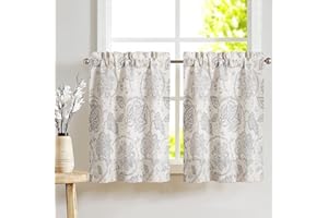 JINCHAN Kitchen Curtains Paisley Scroll Print Linen Small Window Curtains Tier Curtains for Bathroom Medallion Design Burlap Vintage Jacobean Floral Cafe Curtains 24 Inch Length 2 Panels Grey on Beige