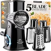 Rotary Cheese Grater Manual Hand Crank 5 Blade Shredder, Black &amp; Chrome | 5 Interchangeable Drums With Reinforced Suction Non-Slip Base Kitchen Countertops for Fresh Cheese, Vegetables &amp; Other Food