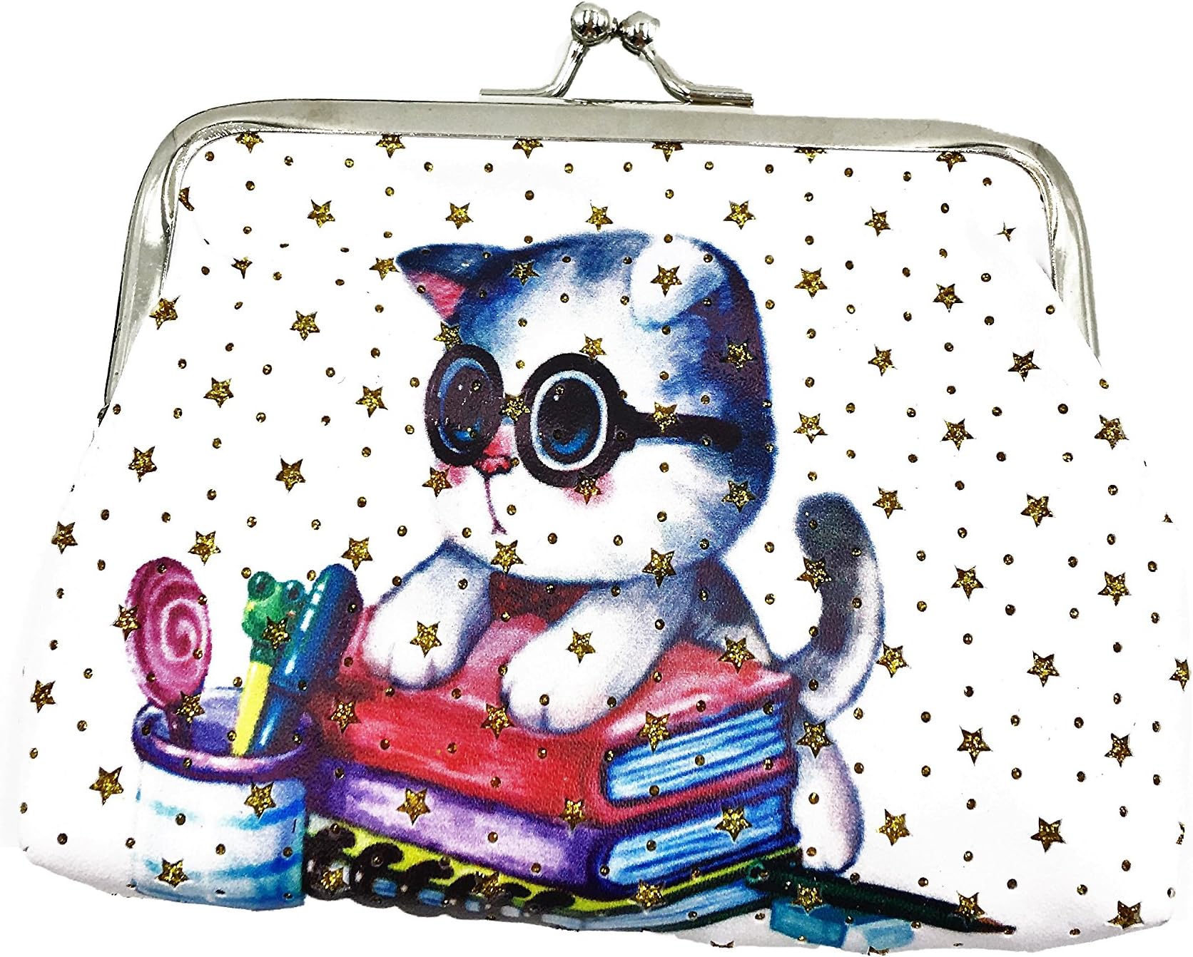 Kelly's Color Leather Wallet Holder MINI Coin Purse Clutch Handbag Mini Wallet with Kiss-lock Clasp USA (Cat-Book)