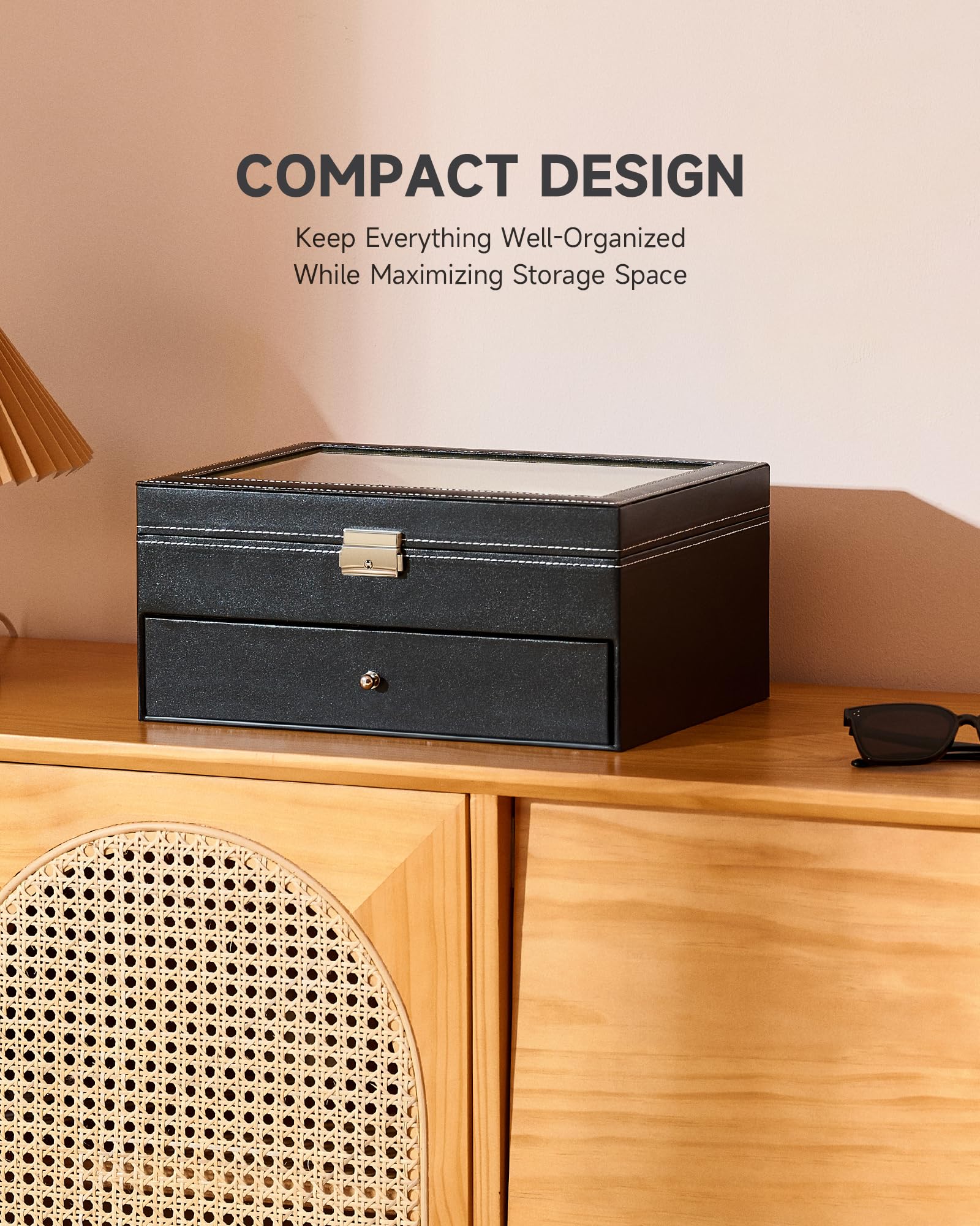 CO-Z 16 Compartment Sunglasses Organizer, Leather Eyeglasses Storage Box for Women Men, Lockable Eyewear Display Case with Drawer, Glasses Holder with 16 Slots for Watches Jewelry Collection, Black