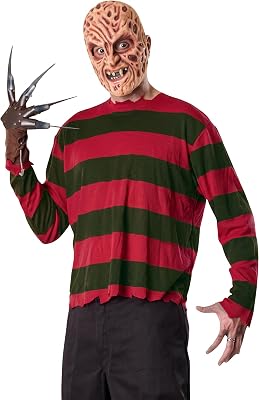 Disfraz Freddy Krueger para adulto, Camiseta impresa con máscara moldeada y guante, Licencia Oficial Warner Bros Terror, Pesadilla en Elm Street, Talla única, para Halloween, Carnaval