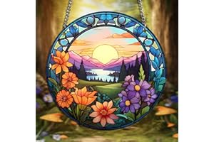 HOTIYOK Large Sunset Landscape Acrylic Window Hangings Beautiful Flower Stained Window & Wall Decor, Ideal Housewarming Gift, Home Decor for Mom Grandma Wife Teacher