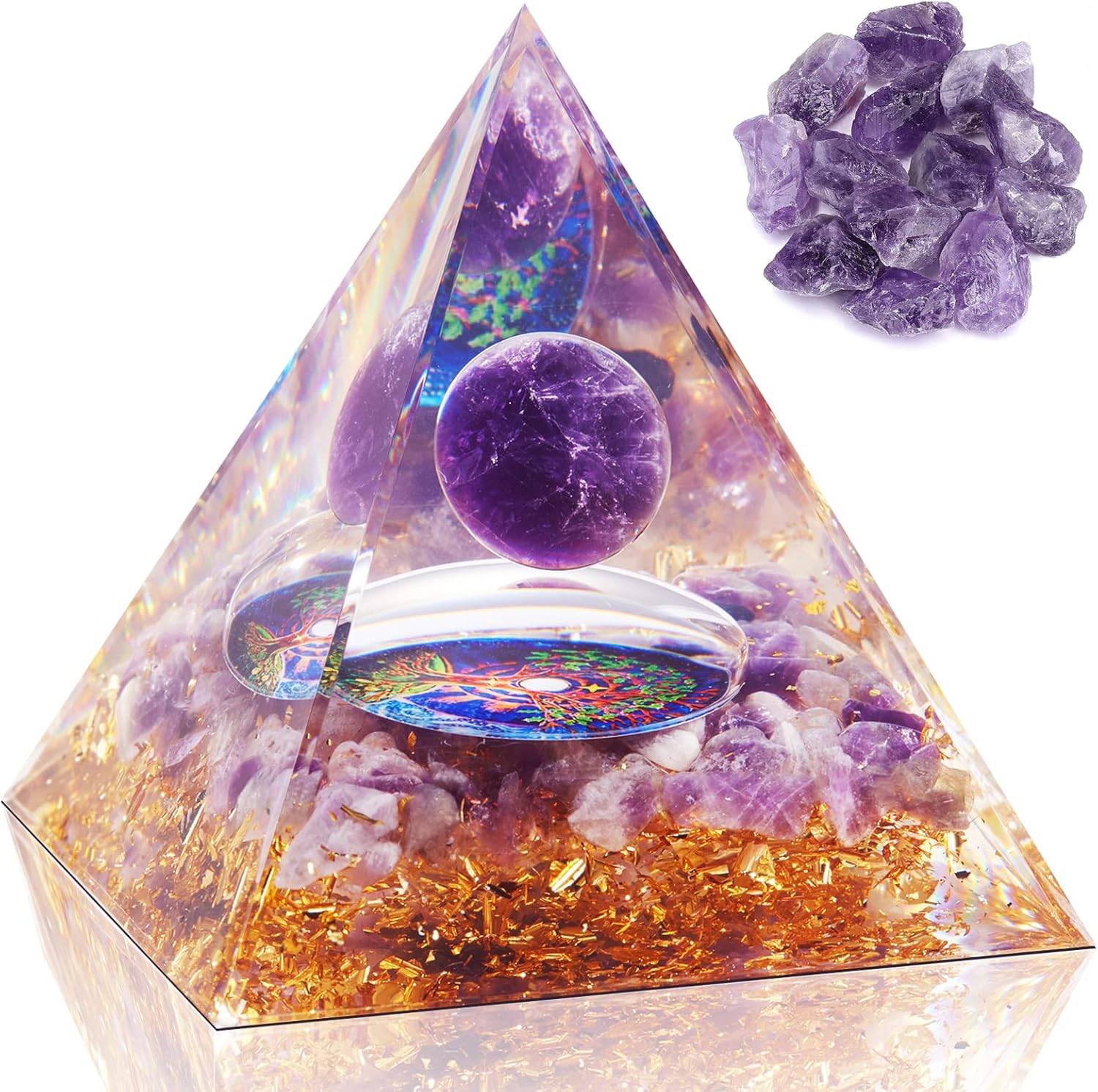 Mixed Media - Orgone Pyramid - Orgonite Healing Amethyst Crystal Sphere with Reiki Obsidian Protection Handmade Pyramids Valentines Day Gift Home Office Decor Positive Energy for Balancing (Amethyst+Tree Of Life)
