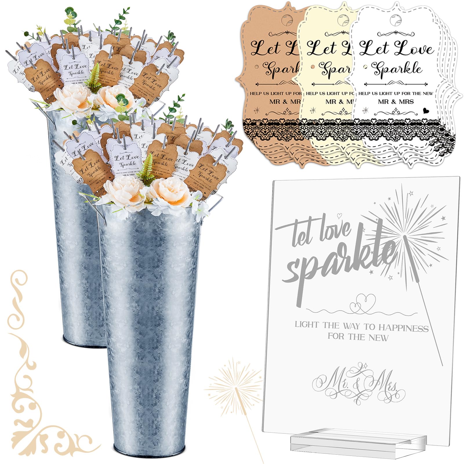 Photo 1 of Henoyso 153 Pcs Sparklers Wedding Send Off Set, 150 Lace Wedding Sparkler Tags, 2 Pack 17.7 Inch Galvanized Metal Buckets, 1 Acrylic Send Off Sign with Stand for Party Decorations(Silver)