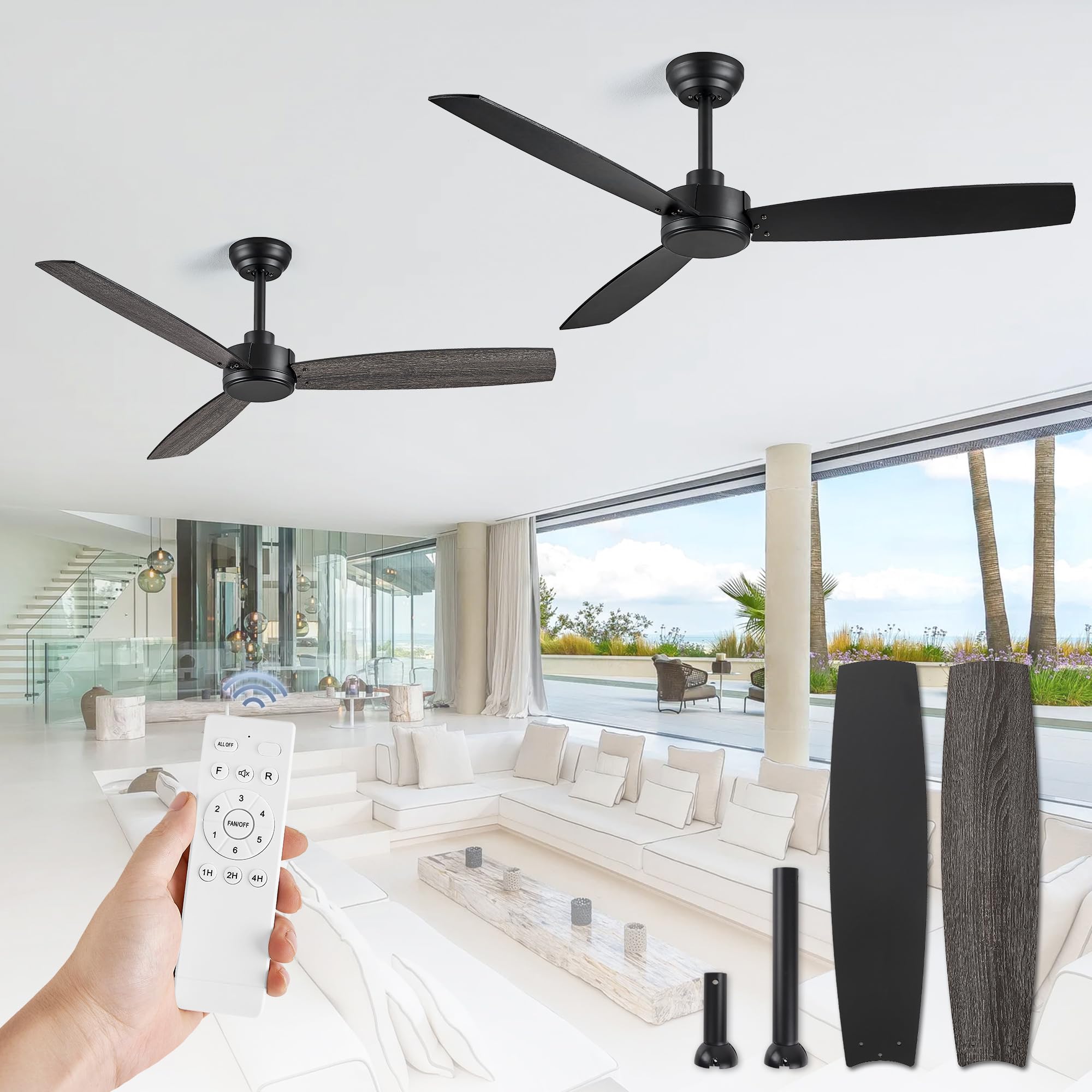Photo 1 of ***PARTS ONLY***ZMISHIBO 2 Pack 52 Inch Outdoor Ceiling Fans with Remote, Black Ceiling Fan No light with Quiet Reversible DC Motor, 6 Speeds, 3 Blade Modern Ceiling Fans for Patio Living Room Bedroom Indoor