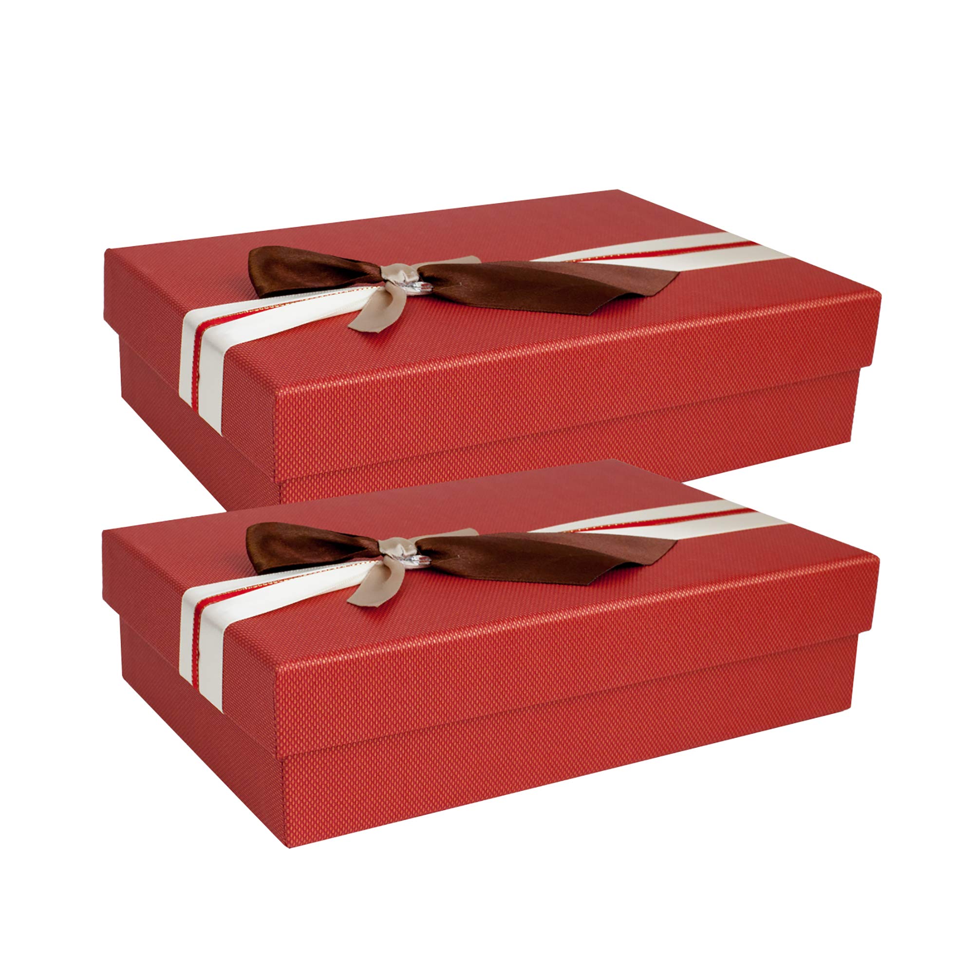 Emartbuy Set of 2 - Red Rigid Gift Box with Ribbon – 24.5 x 17 x 6.5 cm – Luxury Cardboard Presentation Box | Premium Packaging for Hampers, Birthdays, Weddings, Corporate Gifting