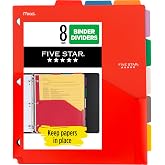Five Star 8-Tab Binder Pocket Dividers, Plastic Tabbed Divider with Pocket, 9-3/4" x 11", 3-Hole Punched, 8 Count, Assorted Colors (201590)