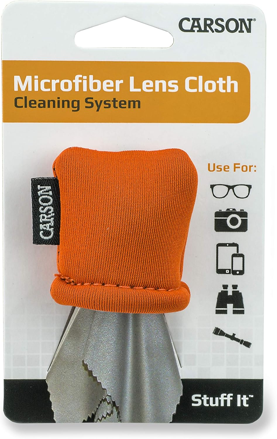 Carson Stuff-It Microfiber Lens Cloth Cleaning System for Eyeglasses, Smartphones, Tablets, Optics Lenses, Cameras and More, 6.25'' x 6.25'' - Orange (SN-40OR) : Clothing