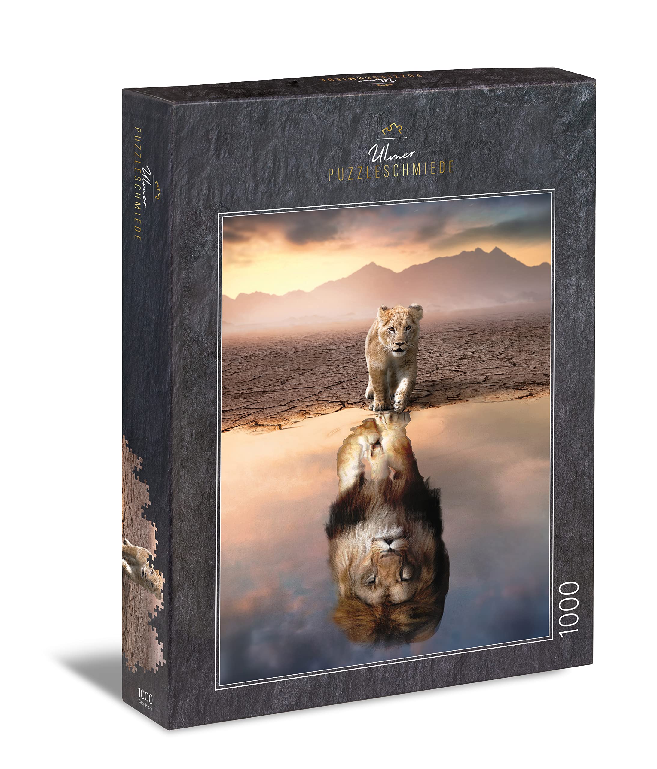 Ulmer Puzzleschmiede - Puzzle "Mirror, Mirror" - Visionary 1000-piece puzzle with creative animal character - the little lion with great confidence discovers his wild nature
