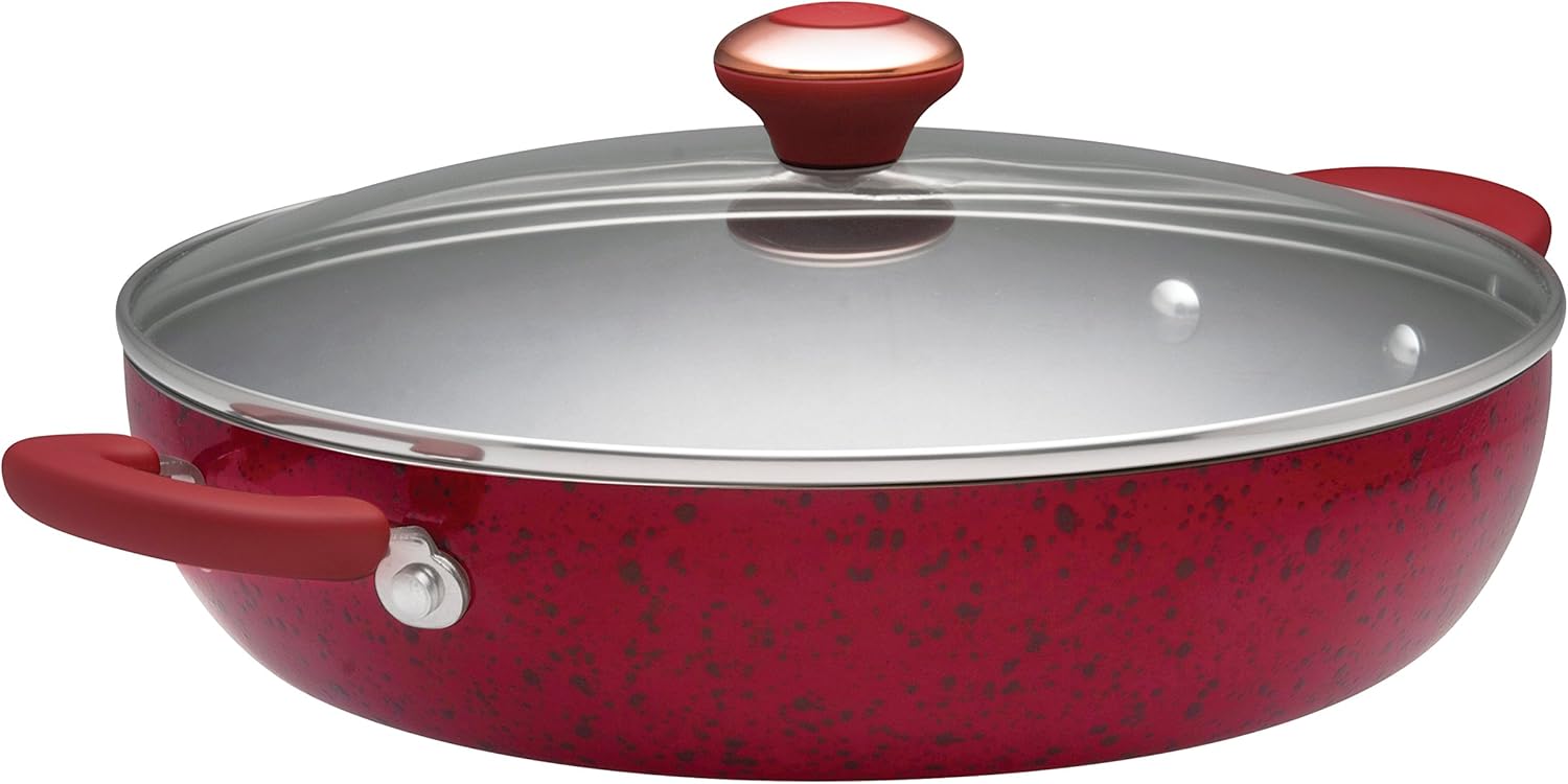 Paula Deen Signature Porcelain Nonstick 12-Inch Covered Chicken Fryer, Red Speckle