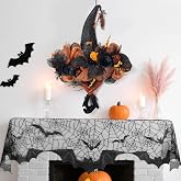 Halloween Wreath for Front Door, Witch Hat & Spiderweb Mantel Scarf Set | 30 inch witch hat wreath with black lace bat spiderweb mantel scarf for front door, fireplace, porch and wall decor