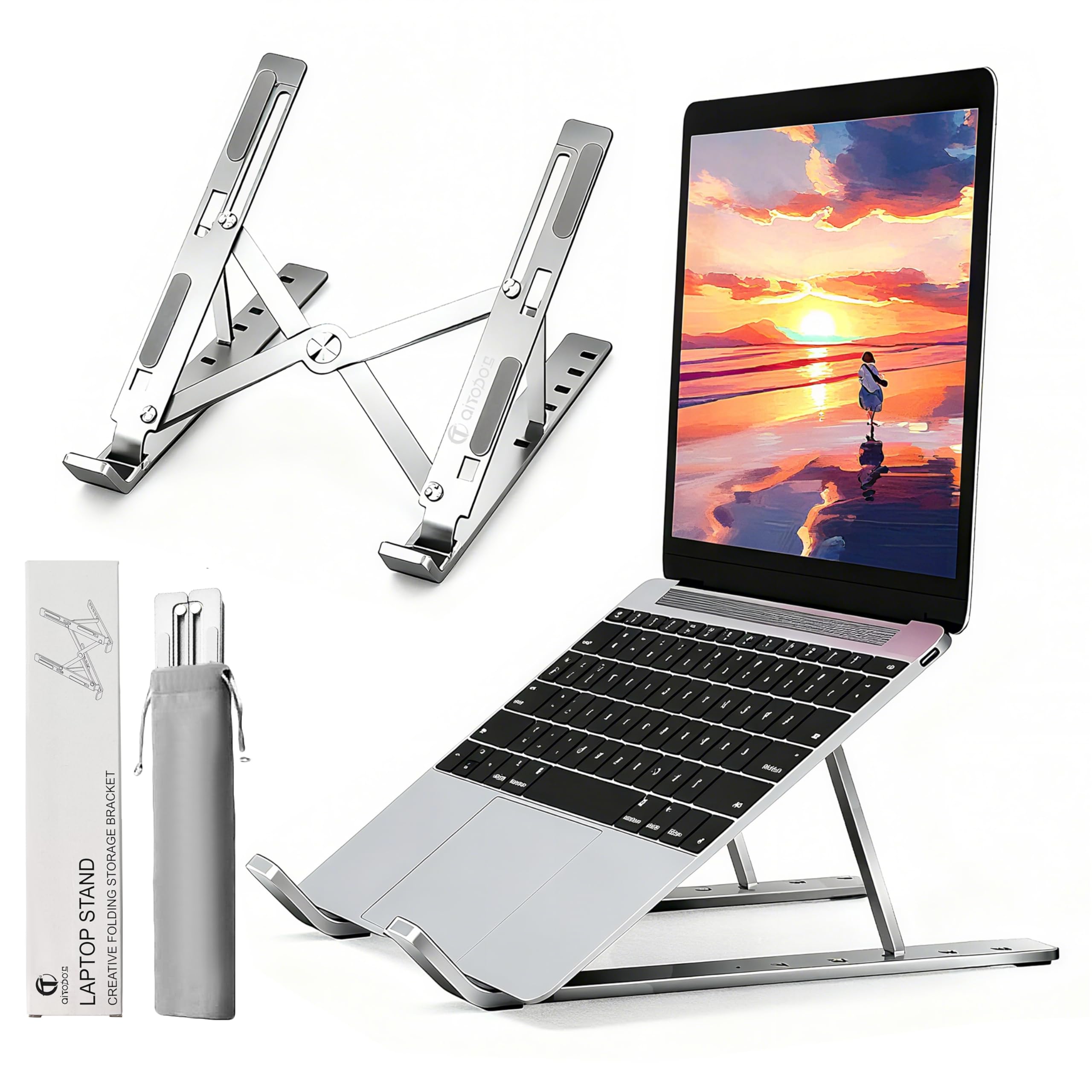 Aitodos® Laptop Stand, Aluminum Alloy, Anti-Slip, Folding, Portable, Ventilation and Cooling, 6-Position Adjustment - Used for office, Sitting Posture Correction