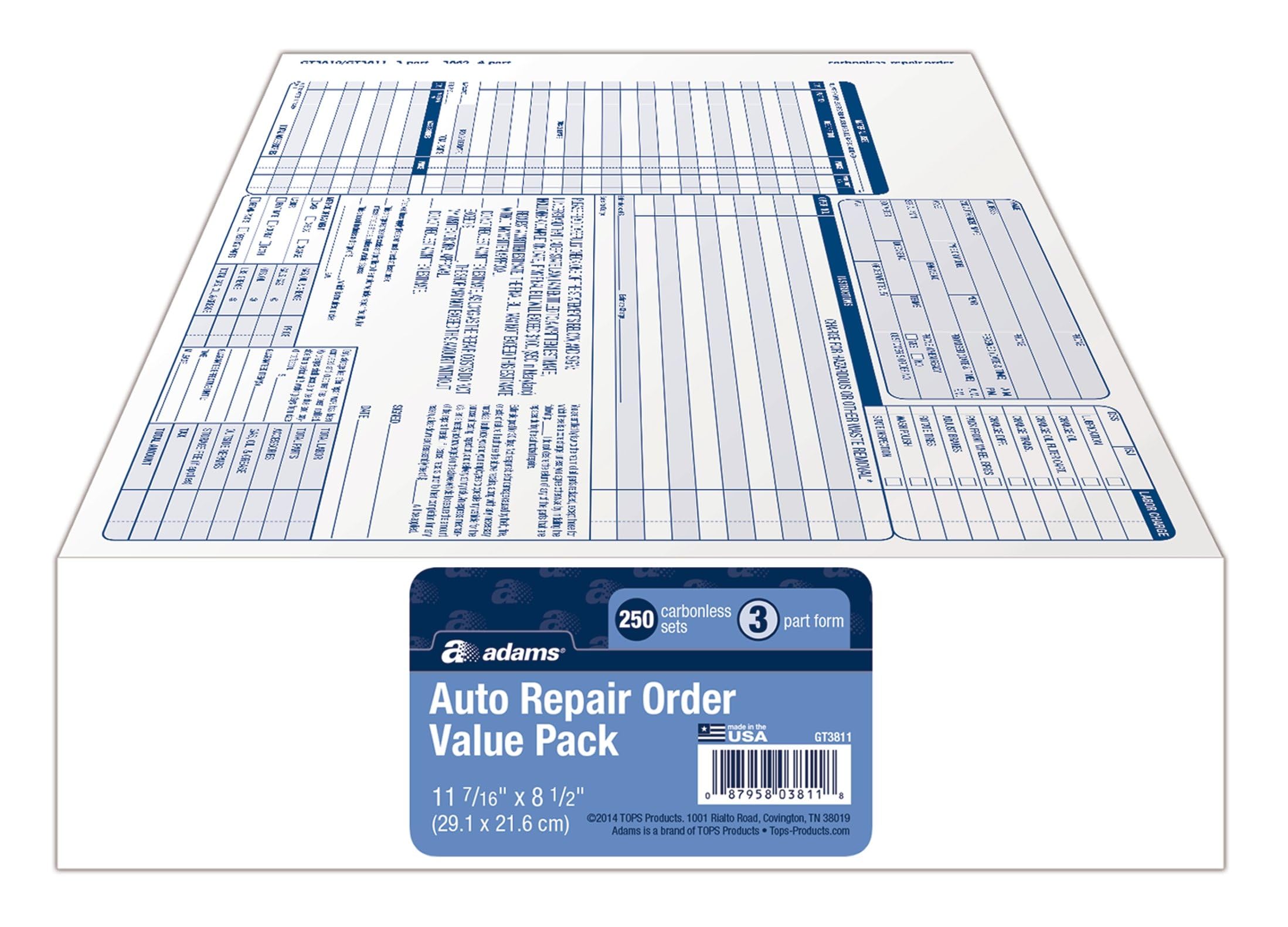 Adams Garage Repair Order Forms, 8.5 x 11 Inch, 3 Parts, 250-Count, White and Canary and White Tag (GT3811)