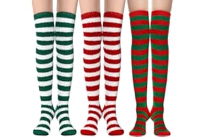 Foaincore 3 Pairs Christmas Knee Long Fuzzy Socks for Women Green Red White Striped Coral Fleece Warm Soft over Knee Long Fluffy Socks for Xmas Holiday Winter Home Indoor