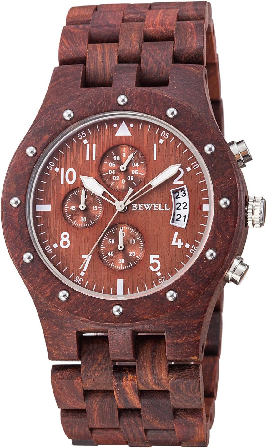 Wooden Wrist Watch for Men Date Display Japanese Quartz Movement Luminous Red Sandalwood Bewell Retro