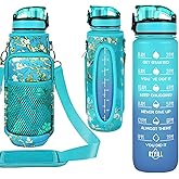 Newfad 32 oz Water Bottles with Straw & Strap, Motivational Water Bottles with Times to Drink, BPA Free Reusable Sports Water Bottle with Sleeve Carrier for Hiking, Travel, Running or Fitness