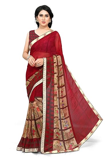 Womens Faux Georgette Regular Printed Saree With Lace Border Style & Matching Blouse Piece