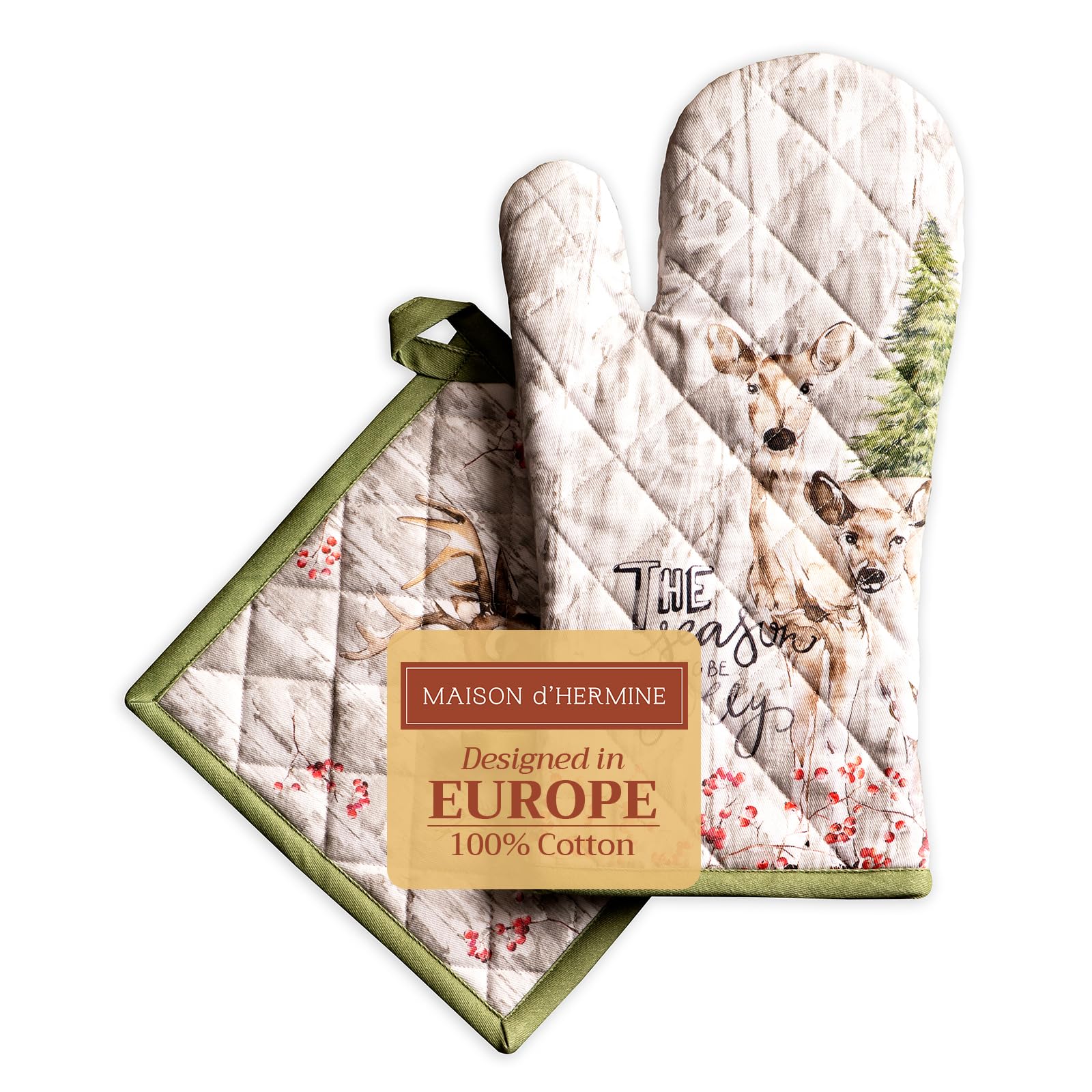 Maison d' Hermine 100% Cotton Oven Mitt & Pot Holder Set (19 x 33 cm & 20 x 20 cm) Heat Resistant BBQ Cooking Gloves with Loop for Christmas Decorations Baking Handling Hot Pans (Mountain Life)