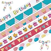 ABTOLS 6 Rolls 18 Yard Happy Birthday Ribbon 3/8" Bear Ballon Grosgrain Colorful Cake Hat Flag Wrapping Craft Baby Shower for Home Party Favors Decor